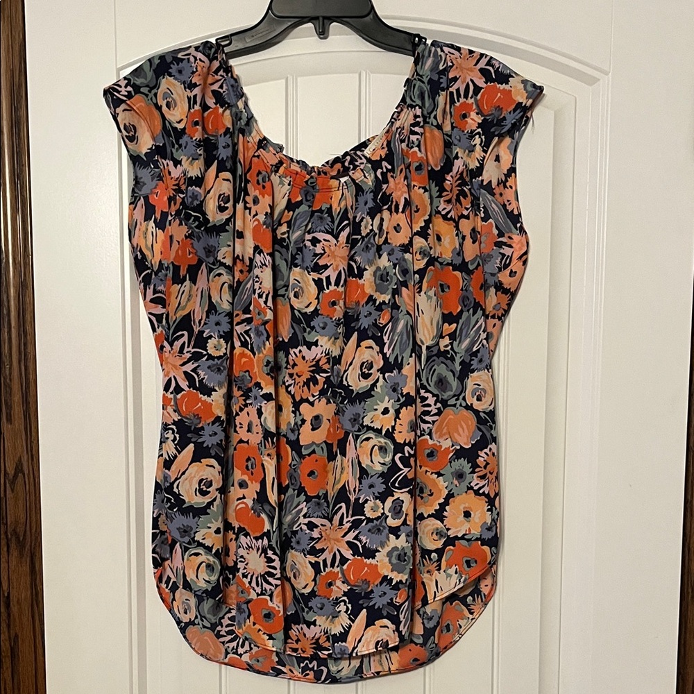 LC Lauren Conrad Navy and Orange Floral Blouse